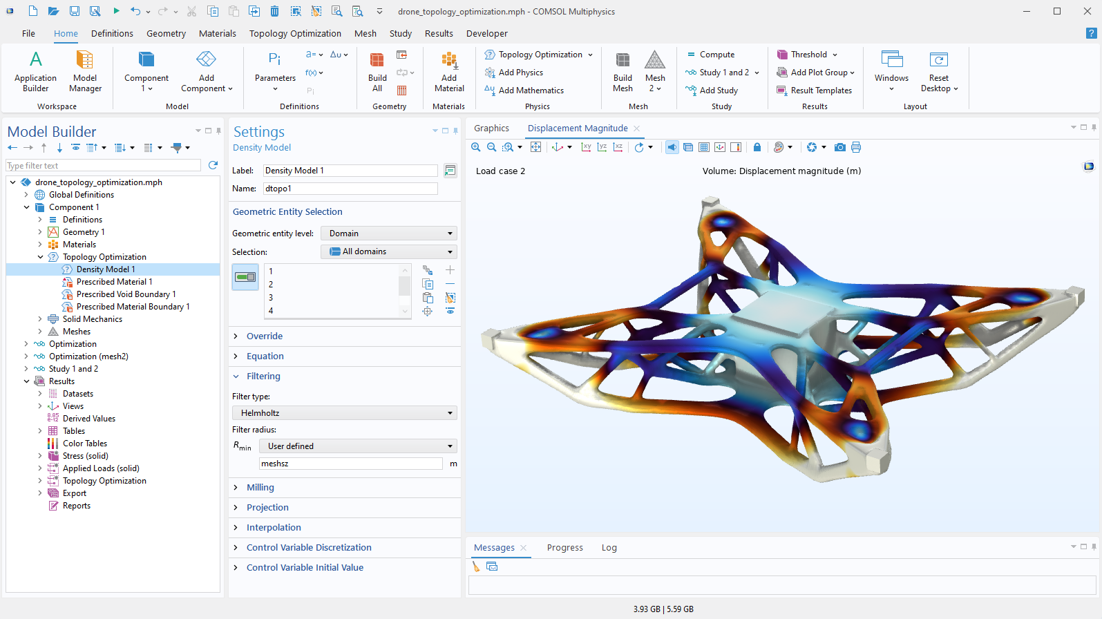 The COMSOL Multiphysics UI showing the Model Builder with the Density Model node highlighted, the corresponding Settings window, and an optimized drone model in the Graphics window.